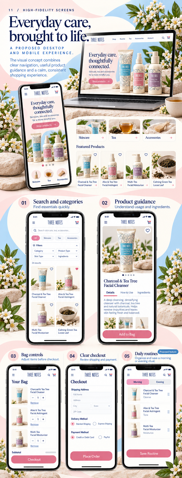 Three Notes high-fidelity screens — desktop and mobile e-commerce experience