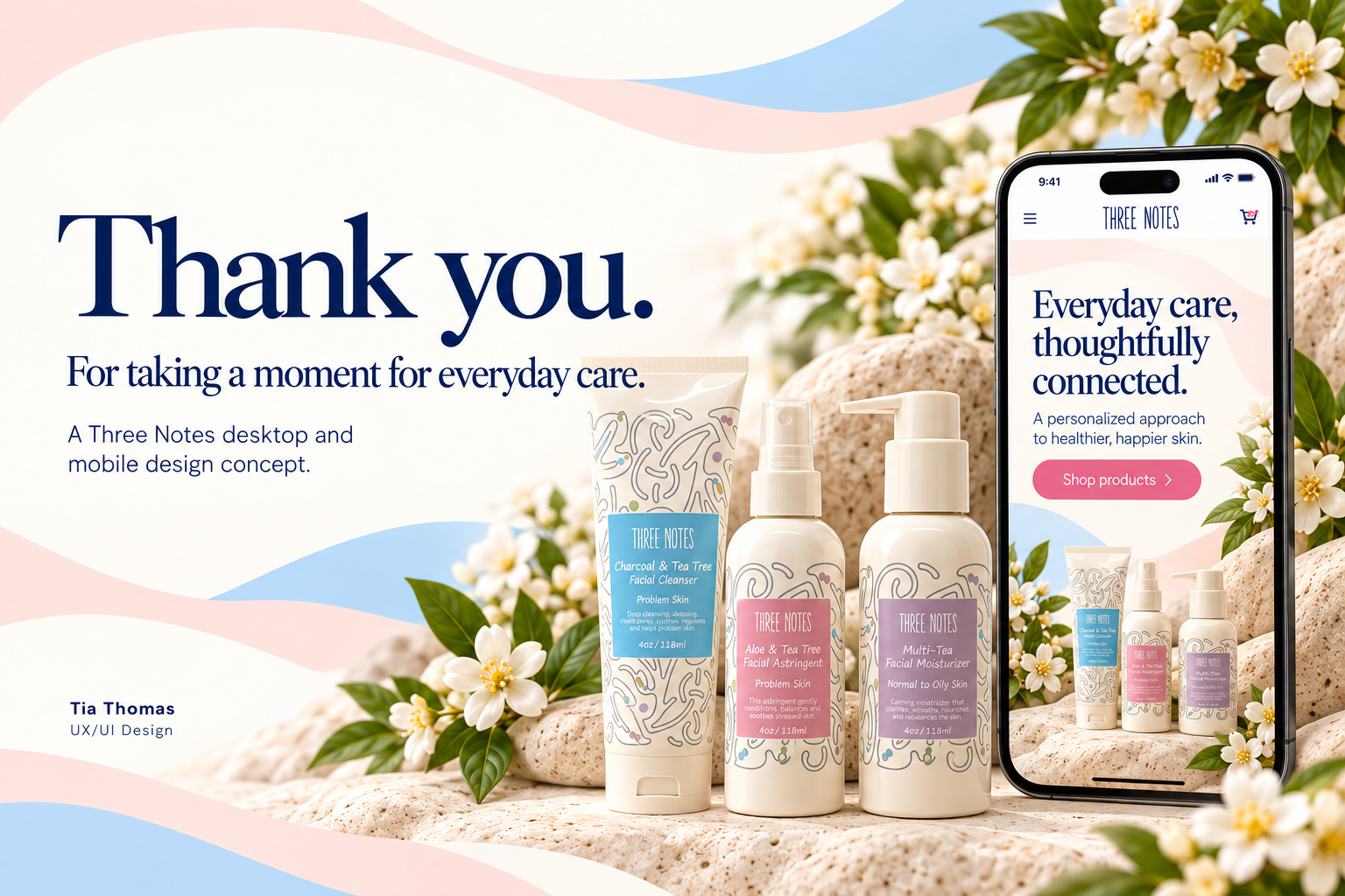Three Notes thank you — desktop and mobile design concept